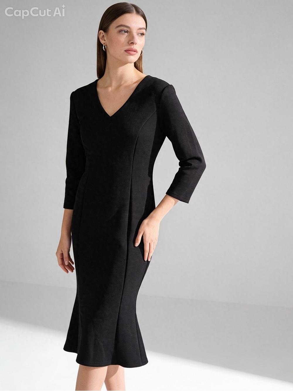Guillaume Black V-Neck Mermaid Hem Midi Dress Size XS 3/4 Sleeve Sophisticated